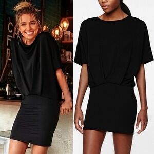 Athleta Pronto Pleated Mini Dress Black Ruched Waist Short Sleeve Women's Medium